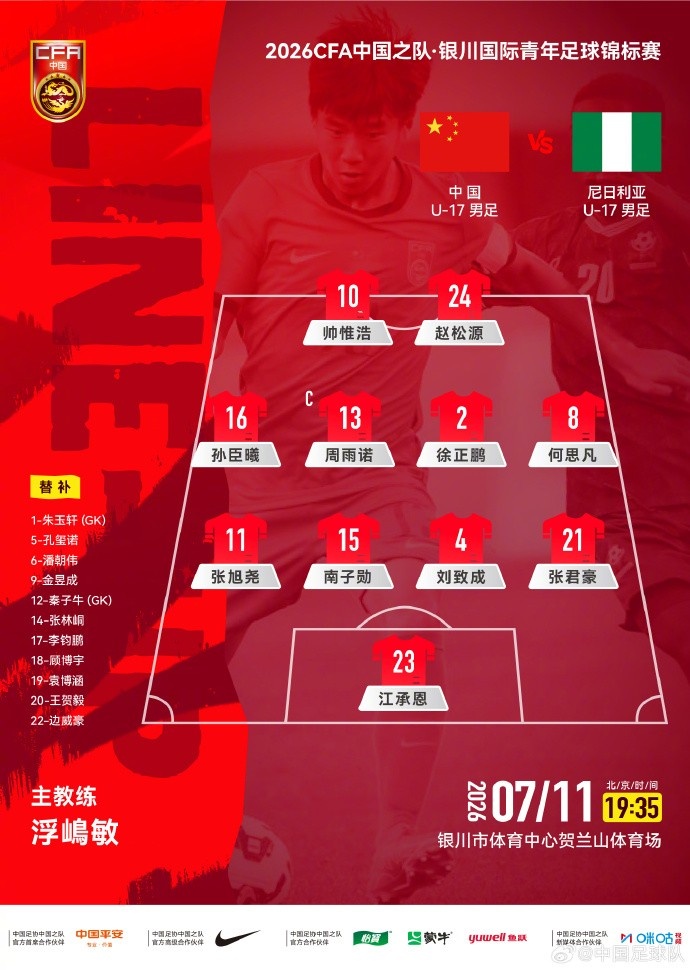 U17国足vs尼日利亚首发：依合散守门，艾比布拉突前